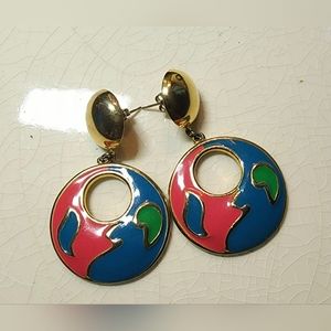 1990s Blue green and red cloisonne pierced dangle circle earrings